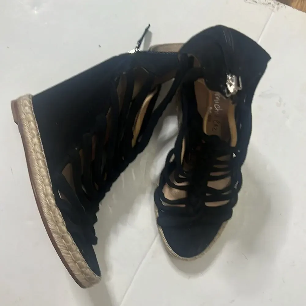 JEAN MICHEL CAZABAT ESPADRILLES WEDGE PLATFORM BLACK‎ SUEDE SHOES SIZE 38 1/2